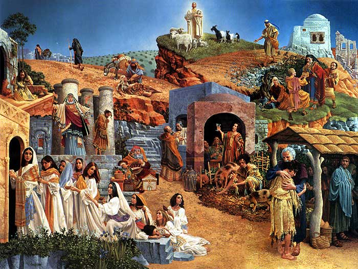 an illustration of all Jesus' parables: the prodigal son, the Ten Bridesmaids, the Good Samaritan and the Talents